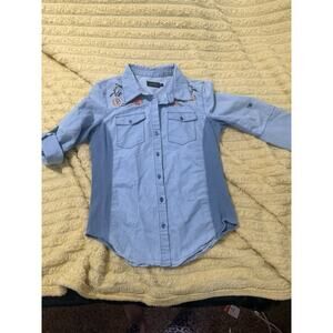 Cavalini Denim Collection Blue Embriodered Floral roses Button-up Shirt Medium